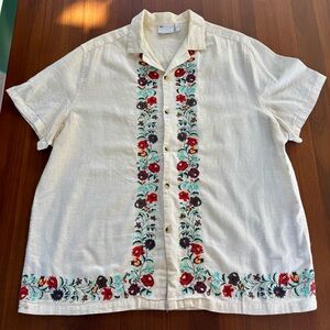 ASOS Men’s Linen Blend Embroidered Shirt XL Cream Floral Guayabera Short Sleeve